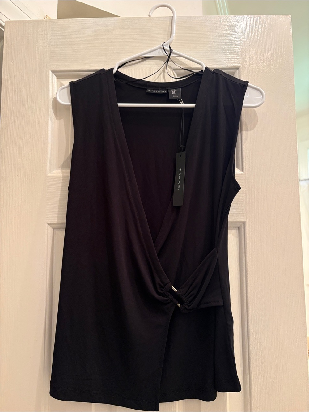 Tahari Black Sleeveless Faux-Wrap Camisole with Twist Detail